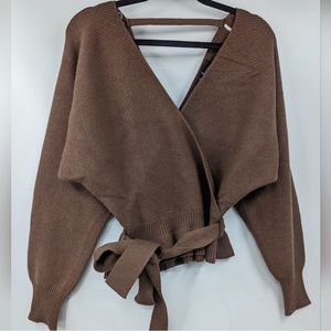 Lulus Sweet and Sophisticated Brown Knit Faux-Wrap Sweater